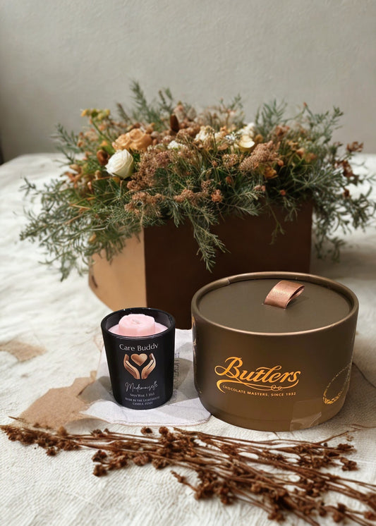 Thank you gift for Carers. Delicous indulgent Milk Chocolate Butlers Flake Truffles in a Gold Powder Puff Box along with a beautifully scented hand made candle