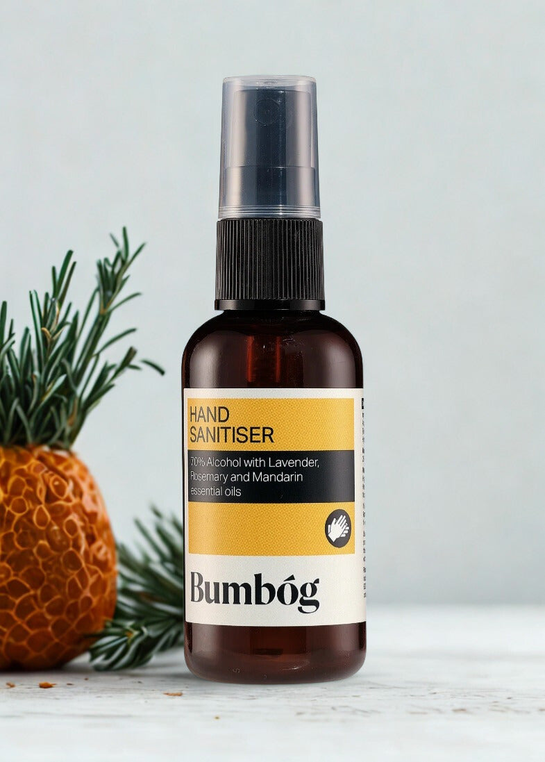 Irish made hand sanitizer in a compact 50ml spray bottle, ideal for travelling & hospital visits. 70% alcohol with essential oils & glycerin