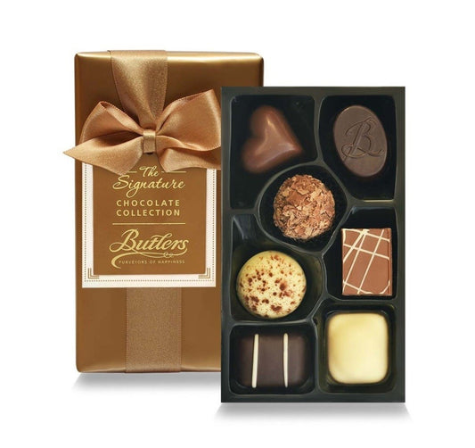 Butlers chocolate collection with a gold box and a white background