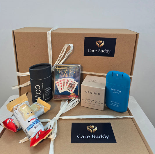 Care Buddy Gift Box for Teen going through illness - includes Natural Deodrant, Deck of Cards, Ground Wellbeing Calming Balm, Hydrating Sanitizer, Kinder Happy Hippos