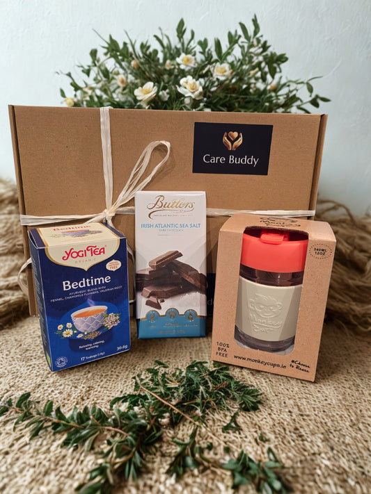 Gift box from Care Buddy with Yogi Tea, Butter's Irish Sea Salt and a Monkey Cup Reusable glass cup