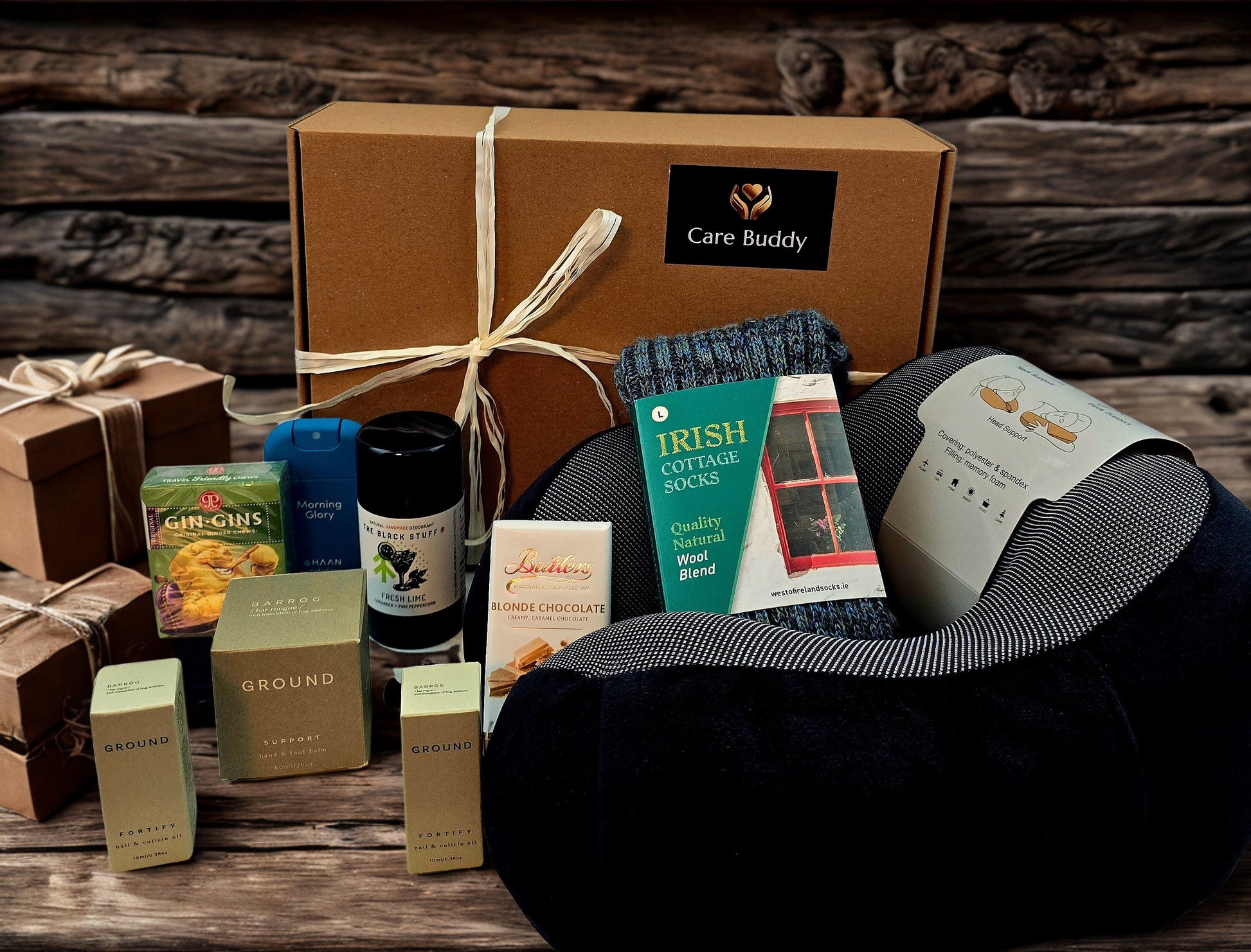Cancer Care Gift Box for Men, containing Neck Support, Cosy Socks, Chocolate, Natural Deodrant, Hand Sanitizer, Gin Gin Ginger Chews, Ground Wellbeing Nail & Cuticle oil,  Ground Wellbeing Hand & Foot Balm