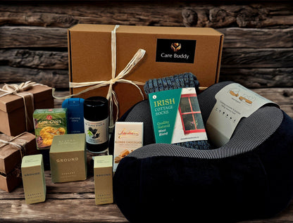 Cancer Care Gift Box for Men, containing Neck Support, Cosy Socks, Chocolate, Natural Deodrant, Hand Sanitizer, Gin Gin Ginger Chews, Ground Wellbeing Nail & Cuticle oil,  Ground Wellbeing Hand & Foot Balm