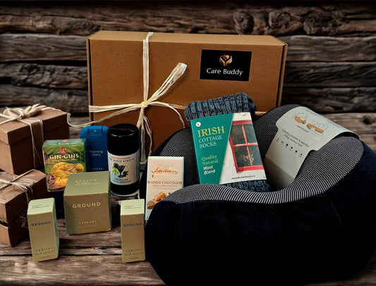 Cancer Care Gift Box for Men, containing Neck Support, Cosy Socks, Chocolate, Natural Deodrant, Hand Sanitizer, Gin Gin Ginger Chews, Ground Wellbeing Nail & Cuticle oil,  Ground Wellbeing Hand & Foot Balm
