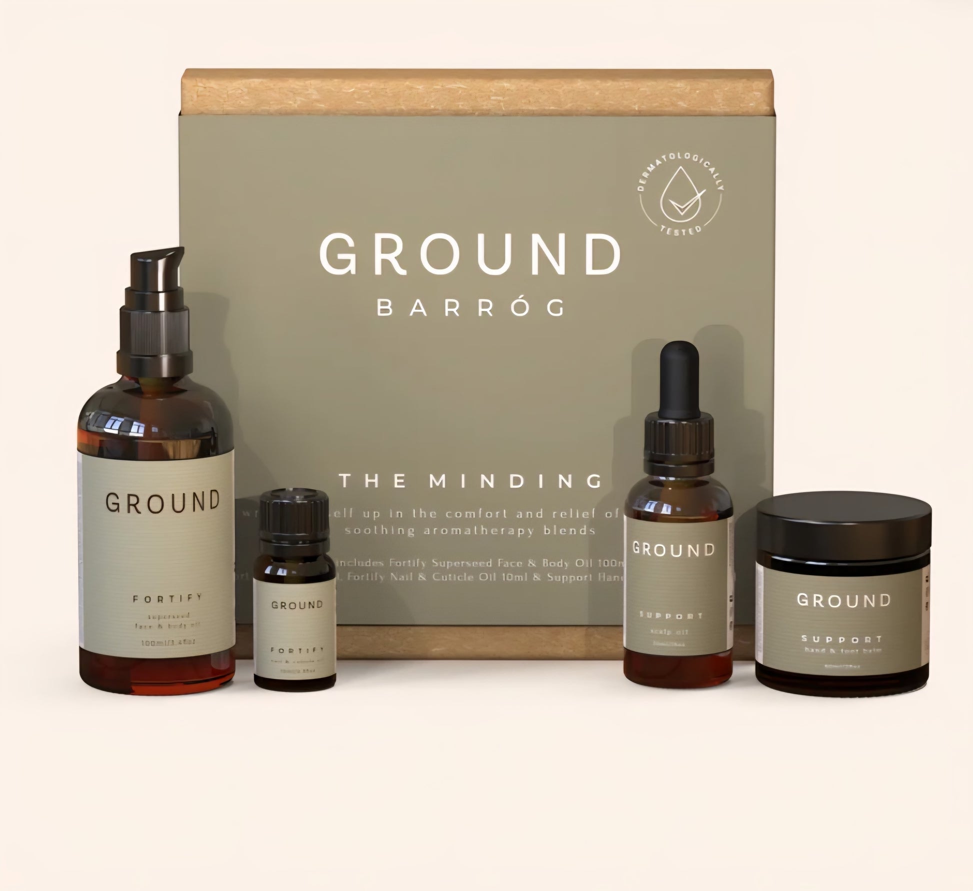 Ground Oncology Gift Set containing all 4 oncology products. Fortify Face & Body oil 100m, Nail & Cuticle Oil, Scalp Oil and Hand & Foot Balm