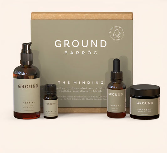 Ground Oncology Gift Set containing all 4 oncology products. Fortify Face & Body oil 100m, Nail & Cuticle Oil, Scalp Oil and Hand & Foot Balm